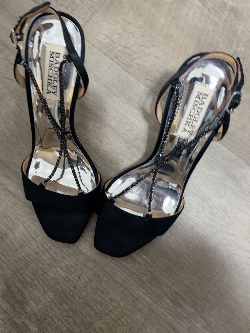 Badgley Mischka Black Satin Evening Heels with Chain T-Strap